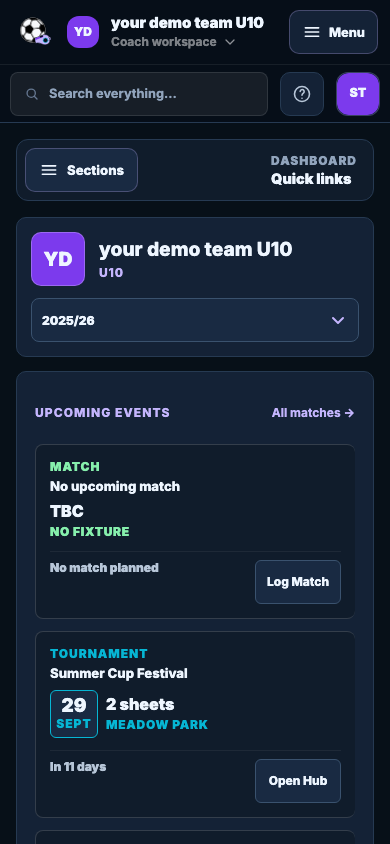 Grassroots Coach coaching dashboard in a browser on a phone for a fictional team